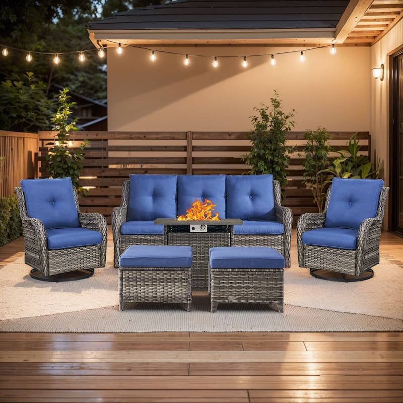 Gymojoy 6-Piece Outdoor Furniture Sofa Set with 2 Swivel Chairs, 2 Ottomans & 55K BTU Fire Pit Table - Grey Wicker / Blue Cusion - 6-Piece