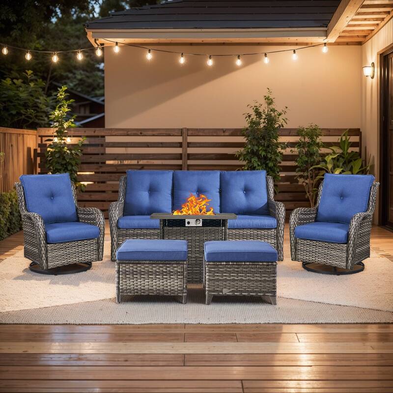 Pocassy 6 Pieces Fire Pit Table with Sofa Swivel Chairs Ottoman - Grey Wicker Blue Cushion - 6 Pieces Sofa Chair Ottoman with Fire Table