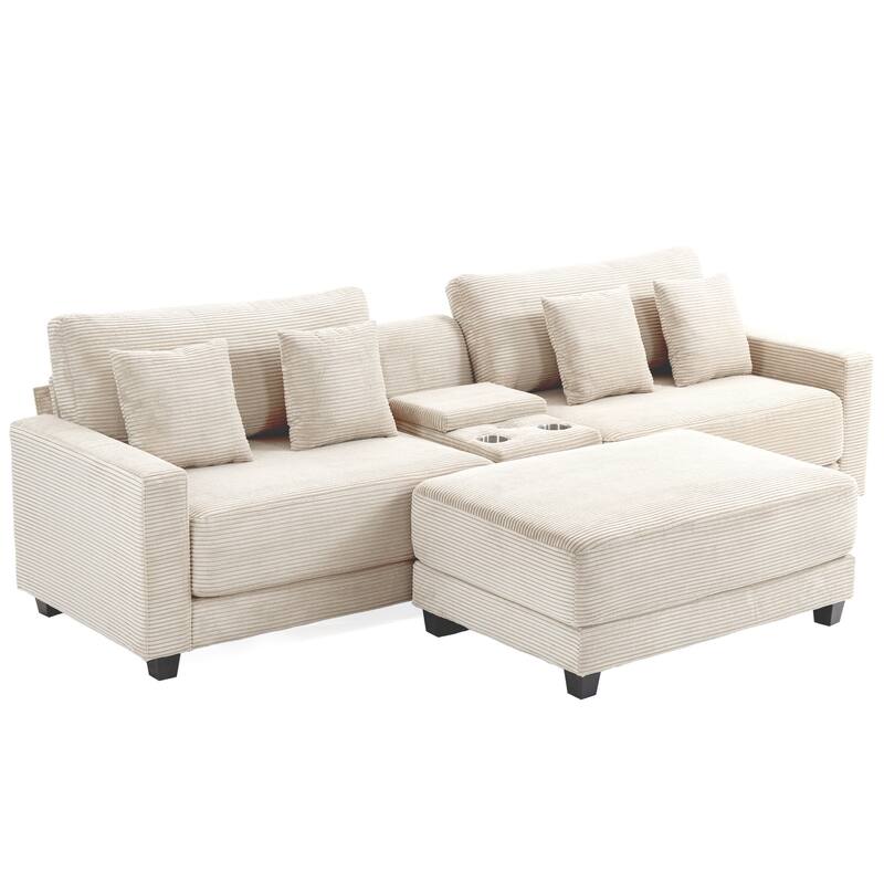 Oversized Corduroy Upholstered Sofa with a Removable Ottoman & 4 Pillows