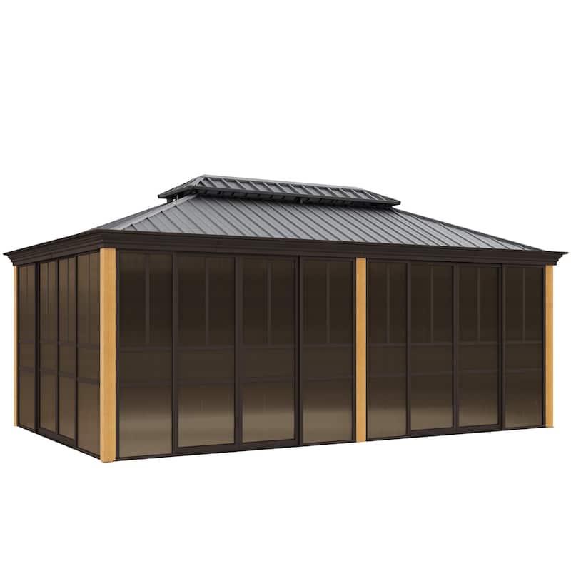 Erommy Outdoor Solarium Sunroom, Patio Hardtop Gazebo, Aluminum Frame Permanent Gazebo with Sliding Doors and Screens