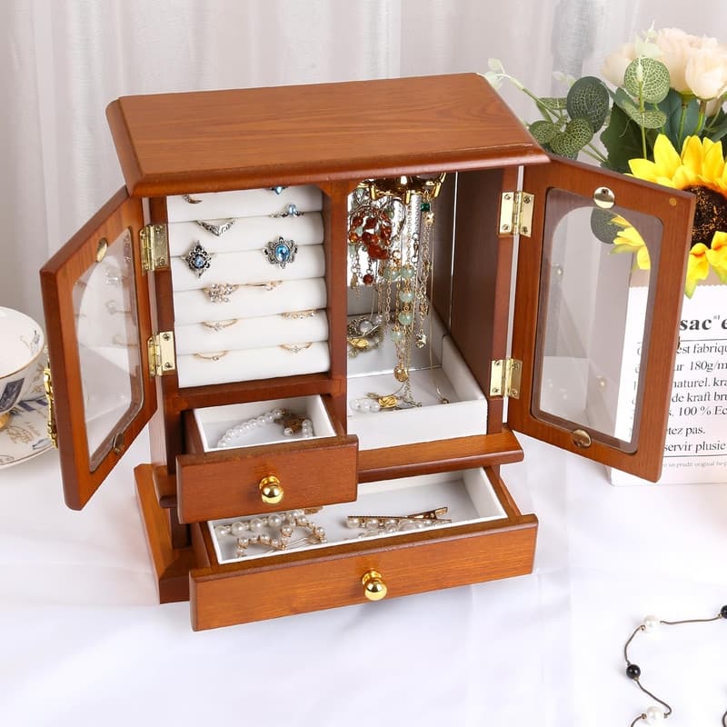 Wooden Jewelry Box for Women - 6.89"D x 11.02"W x 12.99"H