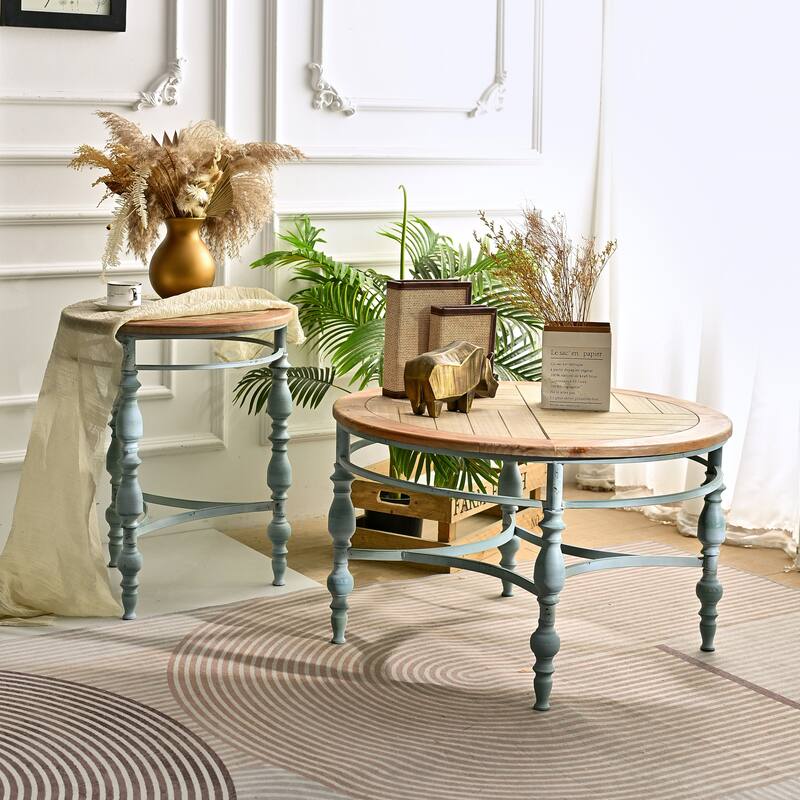 20.08" Rustic Round Wooden Coffee Table with Carved Accents & Metal Legs, Easy Setup