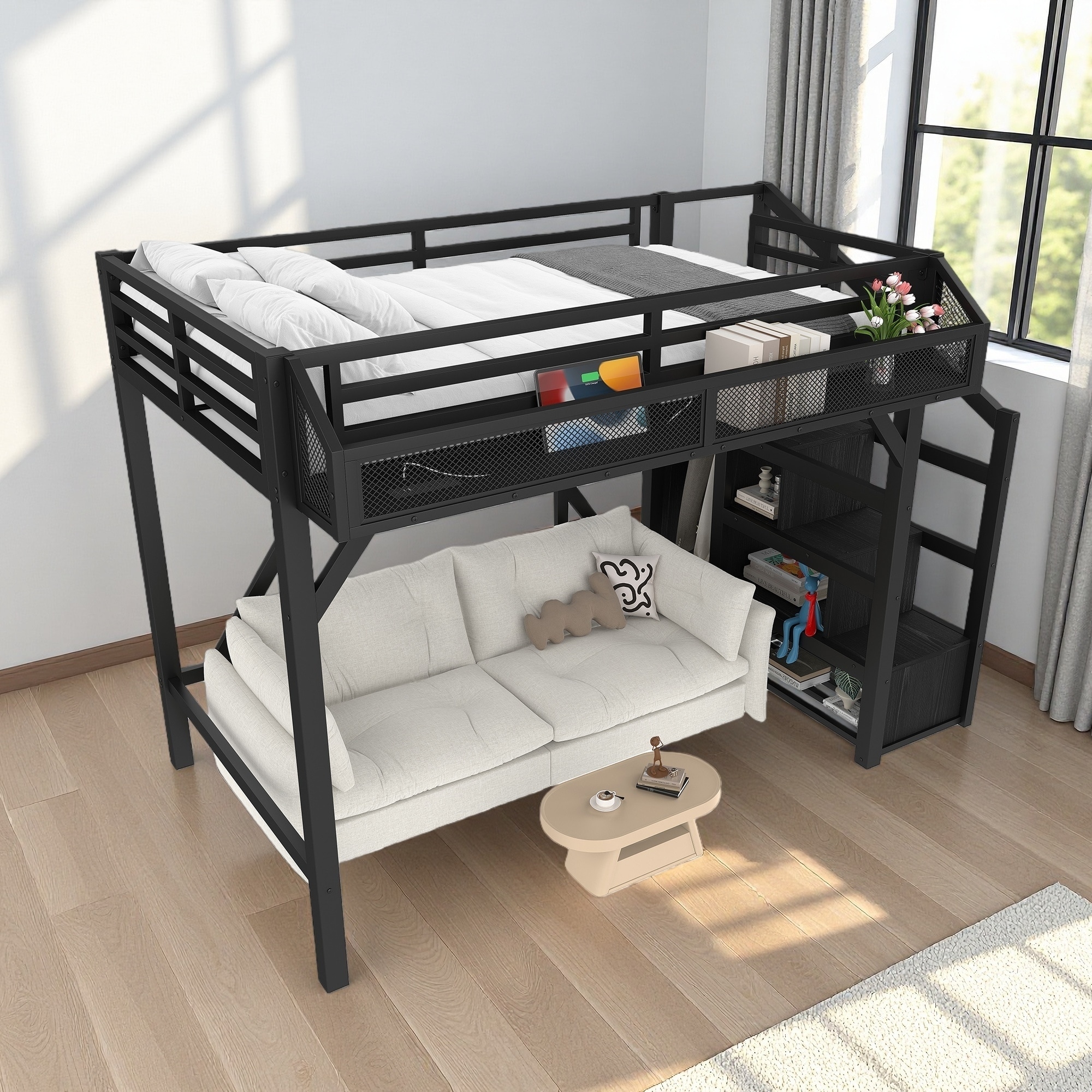 Twin Metal Loft Bed with Storage Stairs, Built-in Wardrobe & Shelves, USB Ports, LED Lights, Noise-Reduced Design