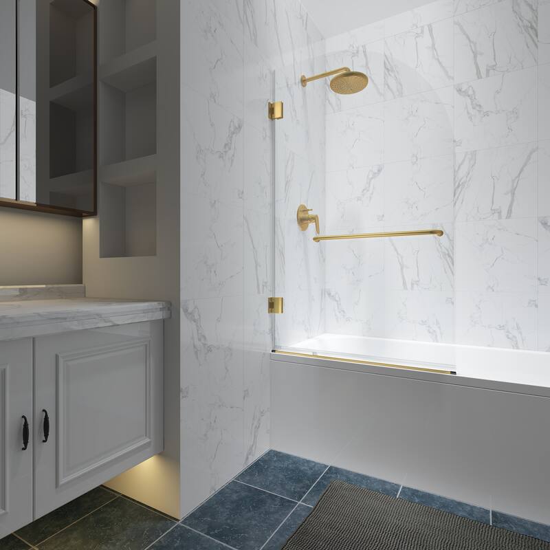FELYL 34" W x 58" H Hinged Frameless Tub Door with Heat Soaking Process and Protective Coating Clear Glass