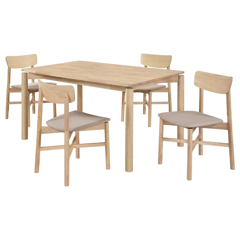 Rida 5pc Dining Table Set w 4 Tan Brown Upholstered Chairs, White Washed