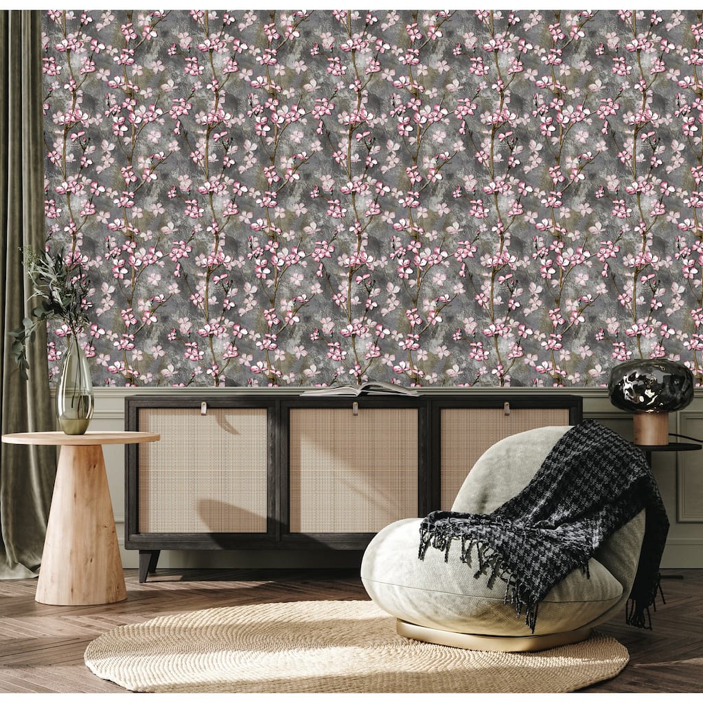 Pink Gray Cherry Blossom-Inspired Botanical Dimensional Wallpaper, Japanese Accent - Double Roll