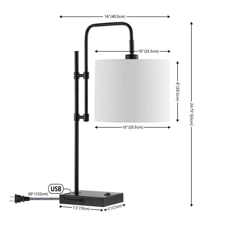 Eliza 24.75" Industrial Designer Metal LED Task Lamp with USB Charging Port, Black by JONATHAN Y