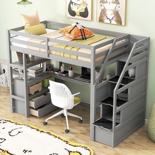 Simple Stylish Loft Bed with Side Storage Stairs, L-shape Desk Underneath Built-in 2 Large Drawers, Shelves, Loft Storage Bed