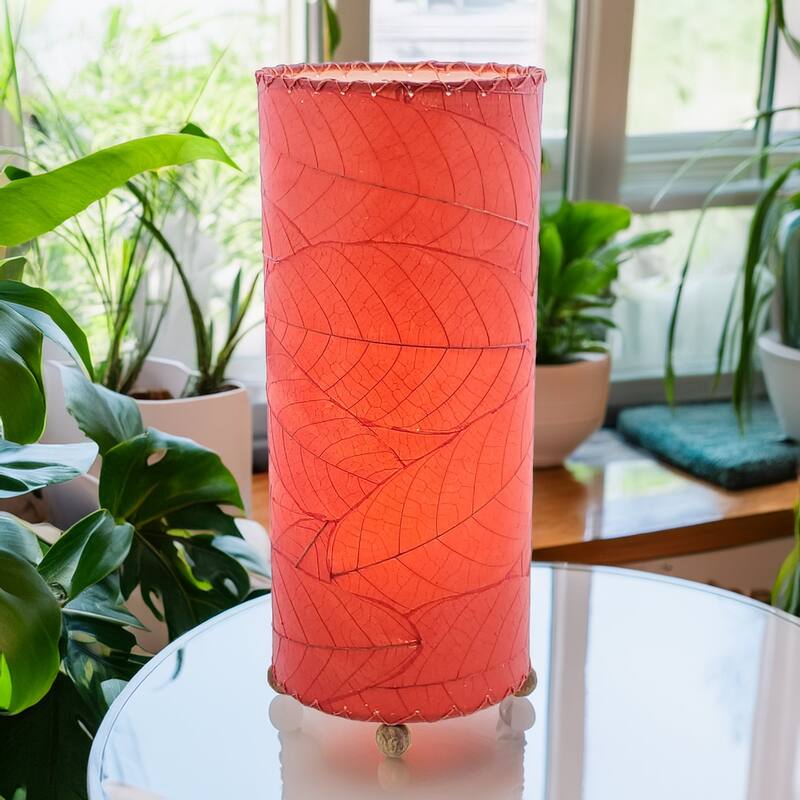 Eangee Handmade Cocoa Leaf Cylinder Table Lamp, Cocoa Leaves Shade, 7 x 7 x 17 in. - Red
