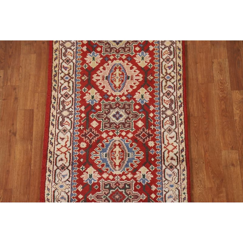Geometric Red Kazak Indian Runner Rug Handmade Wool Carpet - 2'5"x 7'10"