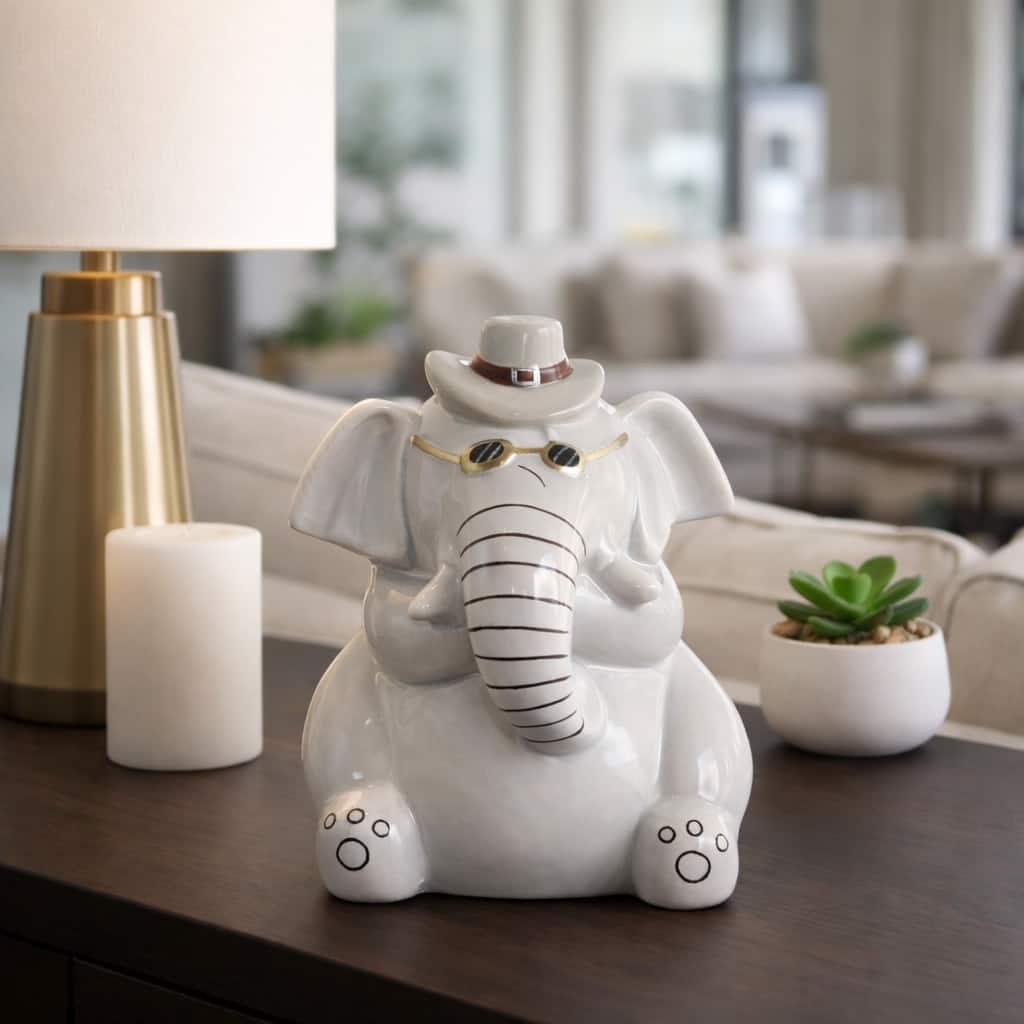 Ceramic Elephant Figurine with Hat and Eyeglasses - 6", Gray & Black - 6.0"