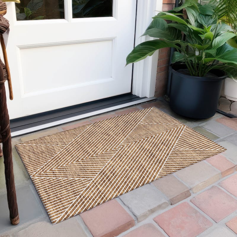 Machine Washable Indoor/ Outdoor Modern Geo Chantille Rug - Terracotta - 1'8" x 2'6"