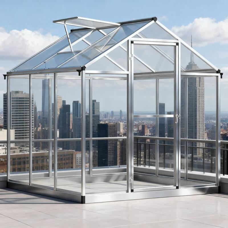 GDFStudio - Outdoor 6'x6' Aluminum Frame Walk-In Polycarbonate Greenhouse with Roof Vent & Rain Gutters - Silver - 6'x6'