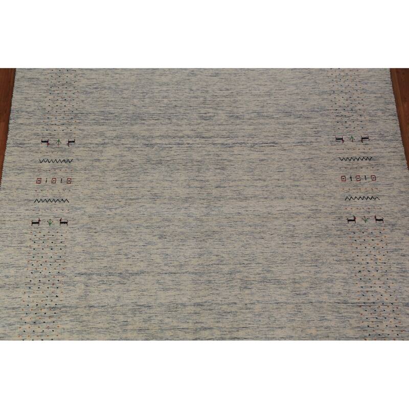 Ivory & Blue Tribal Gabbeh Oriental Area Rug Handmade Wool Carpet - 8'1"x 9'10"