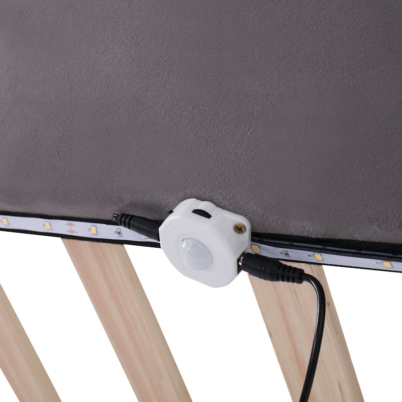 Velvet Upholstered Platform Bed with Sensor Light and 2 Sets of USB Port and Socket