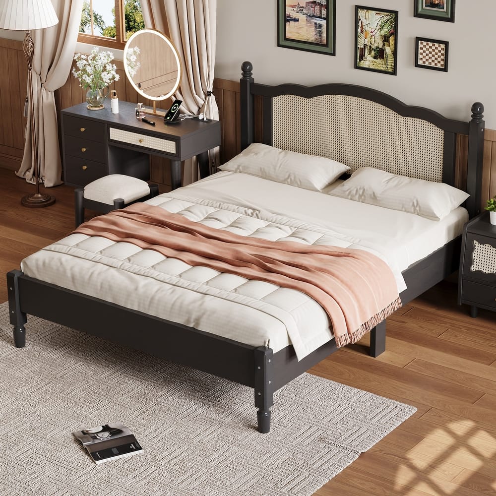 Wooden Platform Bed with Natural Rattan Headboard, Vintage Bed Frame with Wooden Slat Support