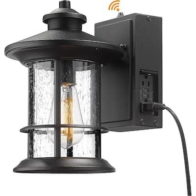 Porch Light with Built-in GFCI Outlet, Dusk to Dawn Outdoor Lighting Photocell Sensor, Aluminum with Seeded Glass, Black Finish