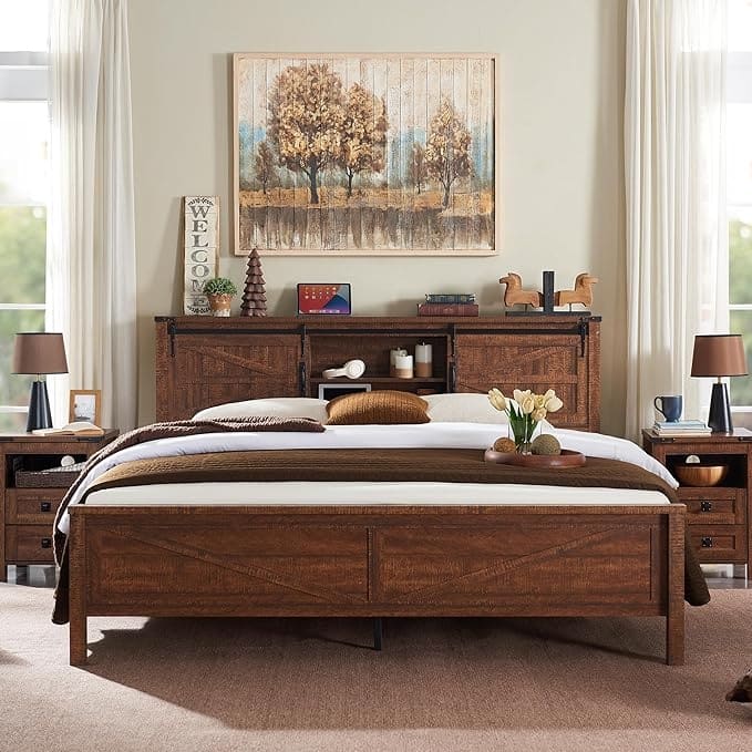 Farmhouse King Size Bed Frame with Storage Shelves & Charging Station - Reclaimed Barnwood