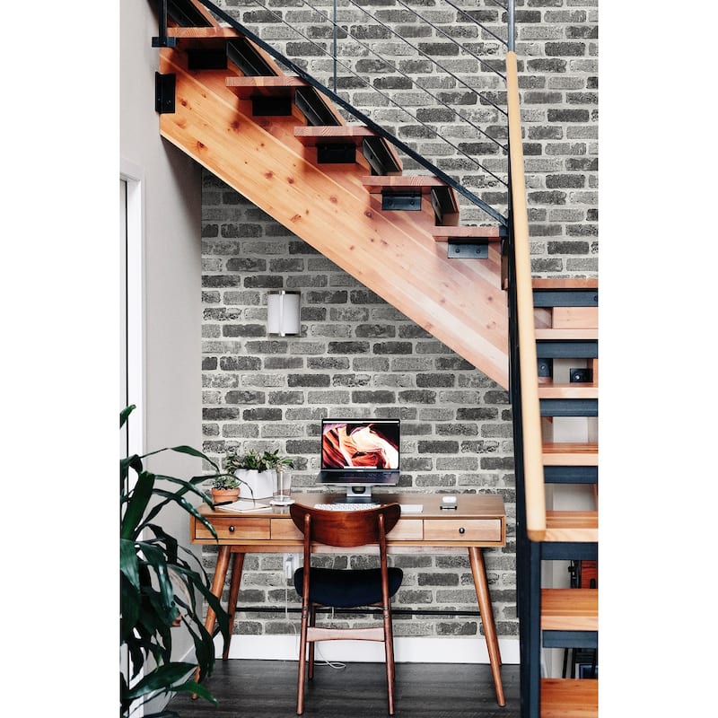 NextWall Grey Washed Brick Peel and Stick Removable Wallpaper - 20.5 in. W x 18 ft. L