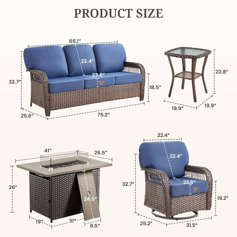 Pocassy Patio Sofa Ottoman Swivel Chair Table with Fire Table Funiture Set.