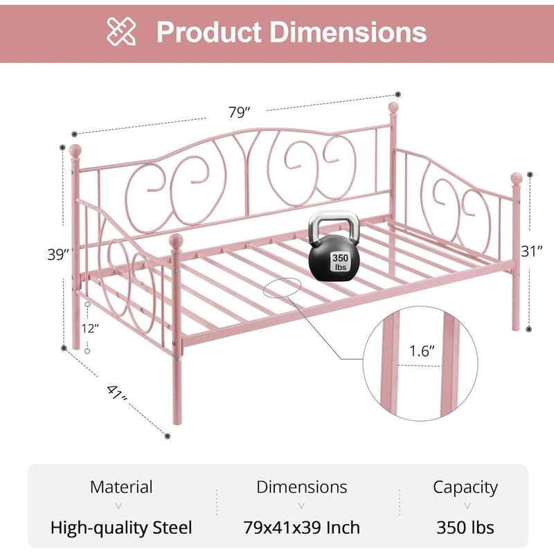 VECELO Metal Twin Size Daybed with Roman Column Legs Scroll Design Heavy Duty 350 lbs Capacity Sofa Bed for Living Room