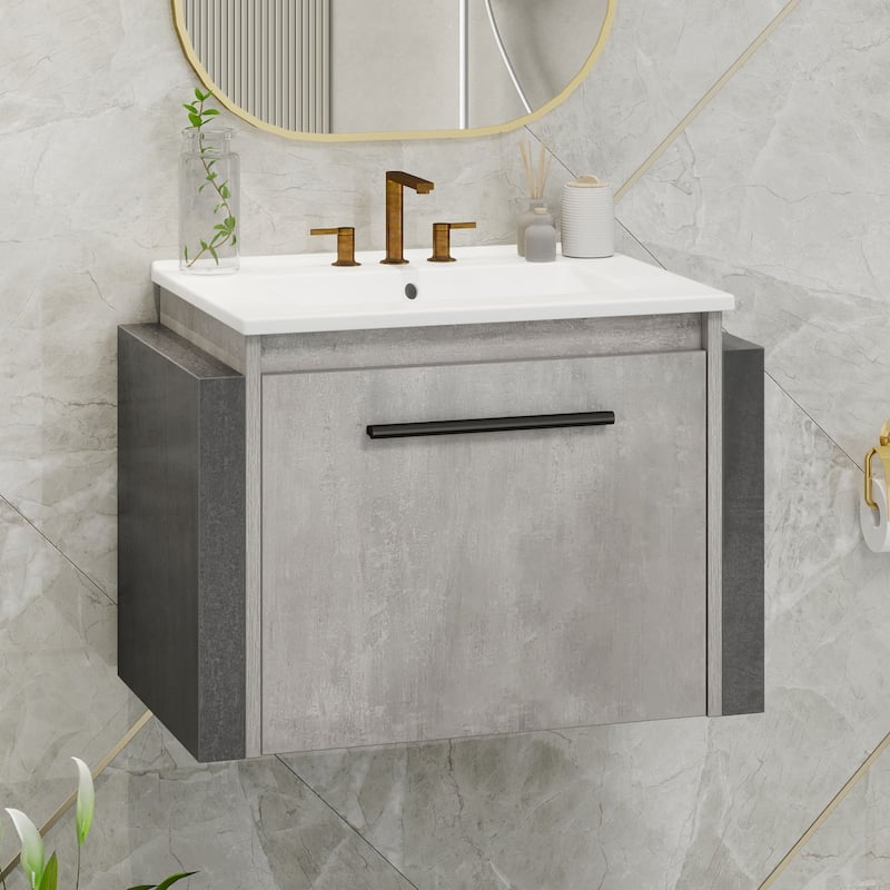 Moasis 22 Inch Wall Mounted Bathroom Vanity with Ceramic Sink and Soft Close Doors Grey - Grey