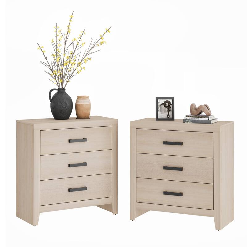 WAMPAT Farmhouse Nightstand with 3 Drawers, Large Wood Bedside Table - Beige - 6-drawer