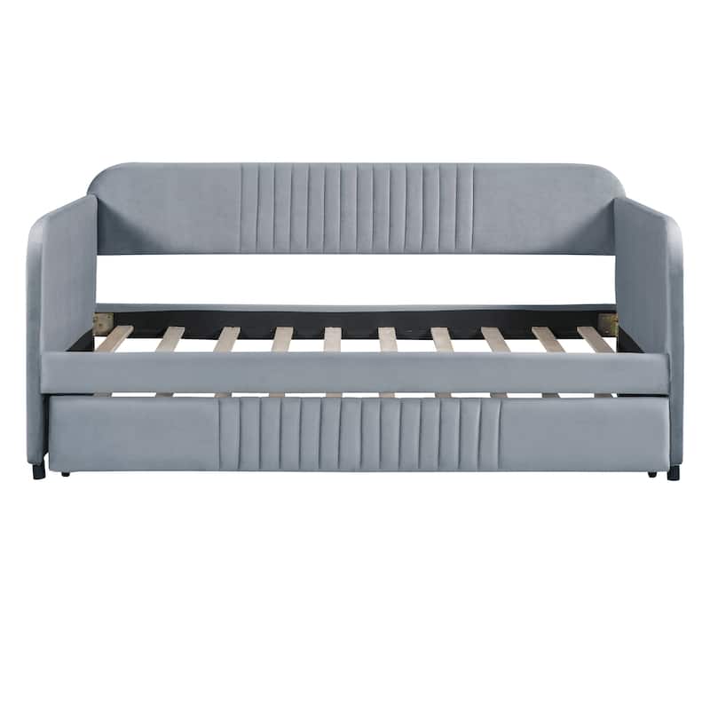 Upholstered Sofa Bed Twin Size With Trundle Bed and Wood Slat