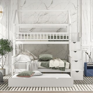 Twin over Full Size House Bunk Bed with Storage Staircase and Trundle ...