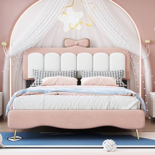 slide 2 of 16, Full Velvet Princess Platform Bed with Bow Knot Headboard and Footboard Pink - Full
