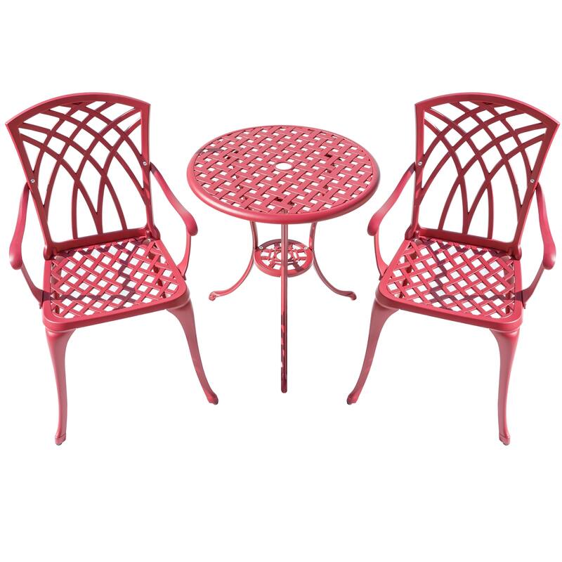 3-Piece Cast Aluminum Outdoor Bistro Set with LED Lights - 35" - Red