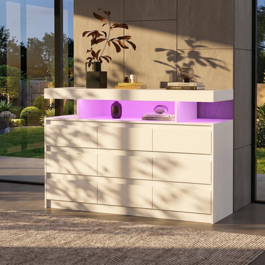 Modern 9-Drawer Dresser with RGB LED Lights and Built-in Power Strip - White Storage Chest