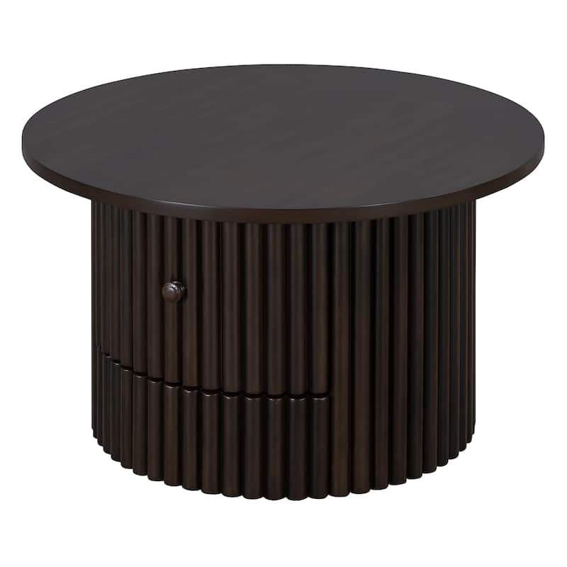 Round Coffee Table for Living Room in Natural, Farmhouse Coffee Table with a Drawer, Center Table with Vertical Slat Base