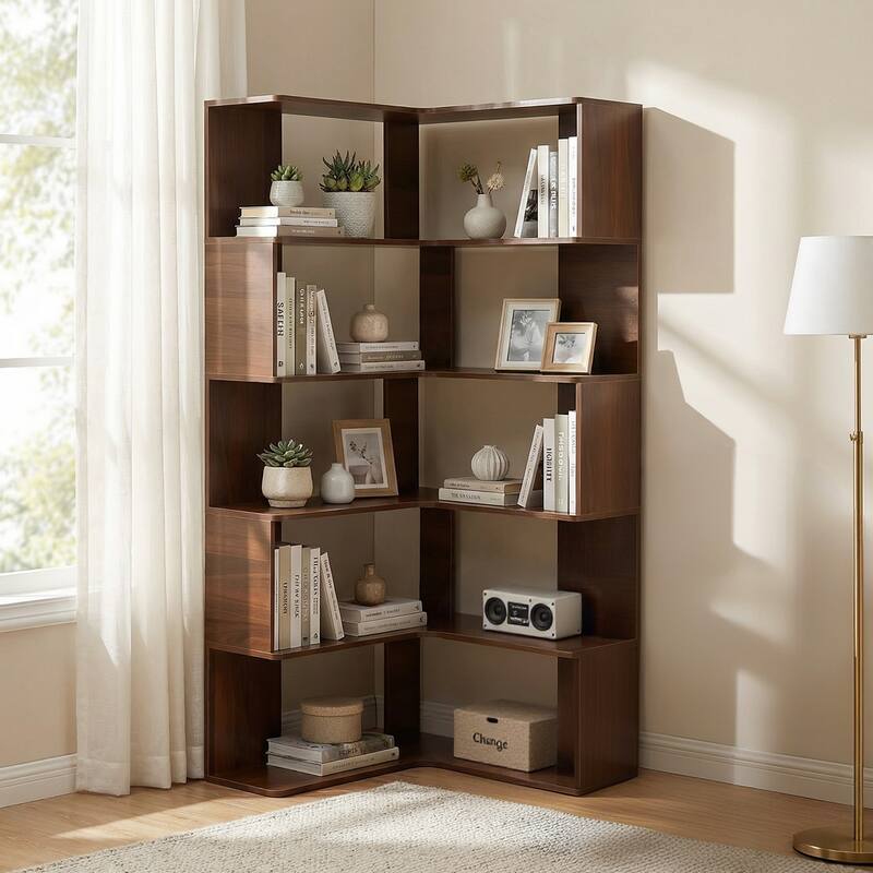 Anmytek 66" Tall L Shaped Corner Bookshelf 6 Tier Walnut Open Display Shelf for Living Room Bedroom Office