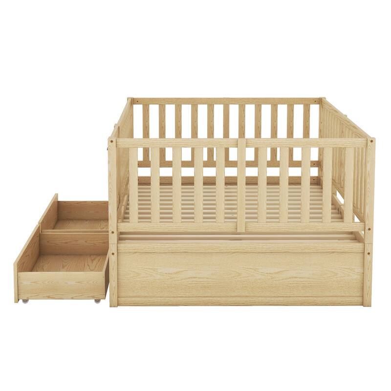 Modern Wood Daybed with Fence Guardrails and 2 Drawers