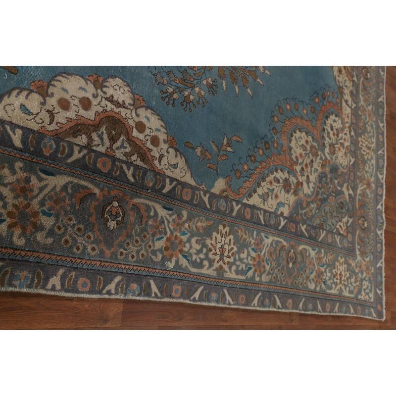 Over Dyed Tabriz Persian Vintage Rug Handmade Blue Wool Carpet - 9'10"x 12'11"