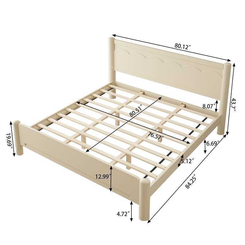 King Size Solid Wood Platform Bed with Headboard, 10 Wooden Slats Support, No Box Spring Needed, Beige Finish