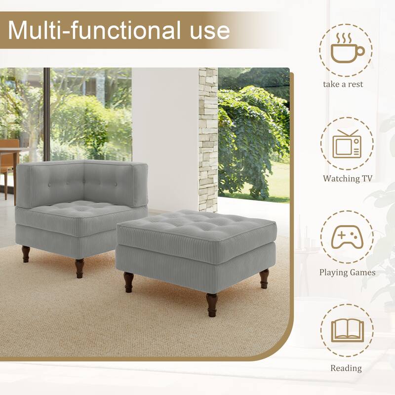 Corduroy Tufted Accent Chair Armchair and Ottoman Set