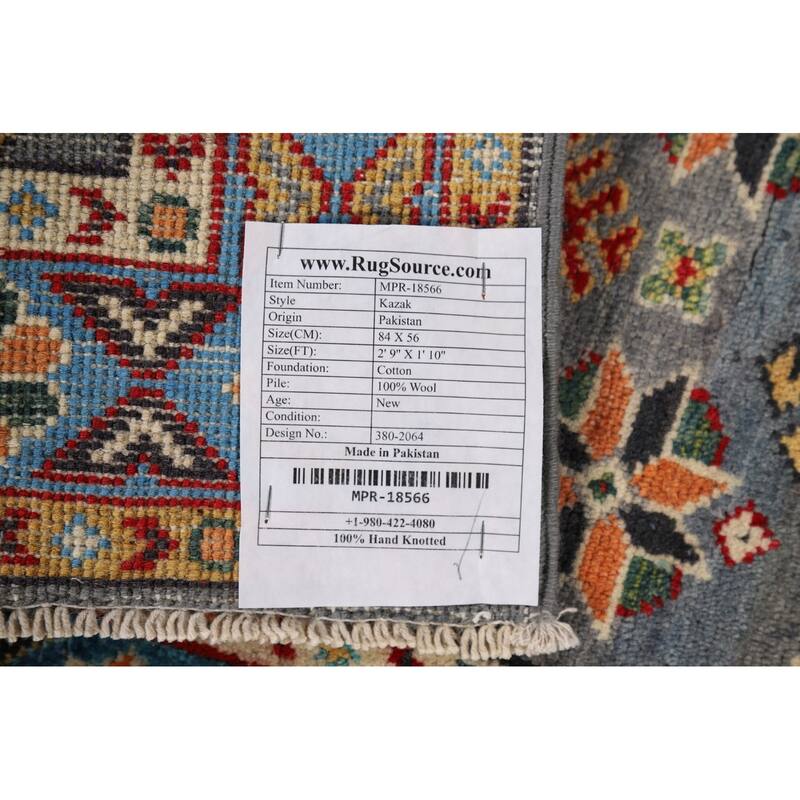 Gray Kazak Accent Rug Handmade Wool Carpet - 1'10" x 2'9"