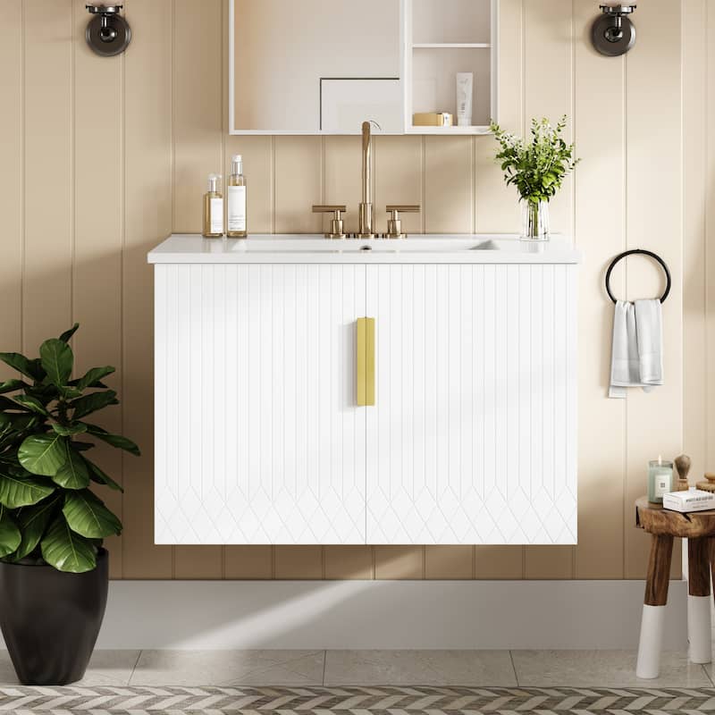 Wall Mounted Bathroom Vanity Floating Storage Cabinet with Ceramic Sink, Geometric Lines Dual Doors and Adjustable Shelf - White