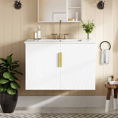 Wall Mounted Bathroom Vanity Floating Storage Cabinet with Ceramic Sink, Geometric Lines Dual Doors and Adjustable Shelf
