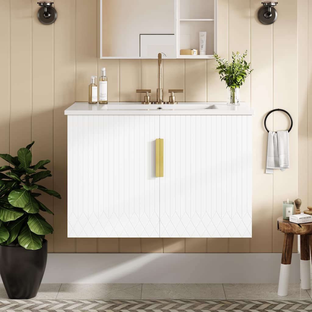 Wall Mounted Bathroom Vanity Floating Storage Cabinet with Ceramic Sink, Geometric Lines Dual Doors and Adjustable Shelf