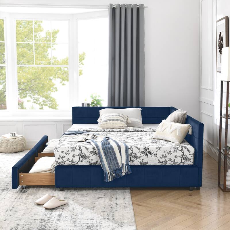 L-shaped Velvet Upholstered Daybed Tufted Sofa Bed with Soft Backrest Armrests - and Optional Corner Storage Day Bed - Dark Blue with Drawers - Full