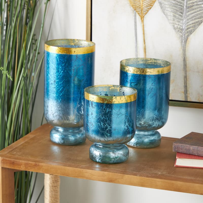 Glass Pillar Hurricane Lamp with Ombre Effect and Gold Interior - Set of 3 Silver, White, Blue - Roche River Decor