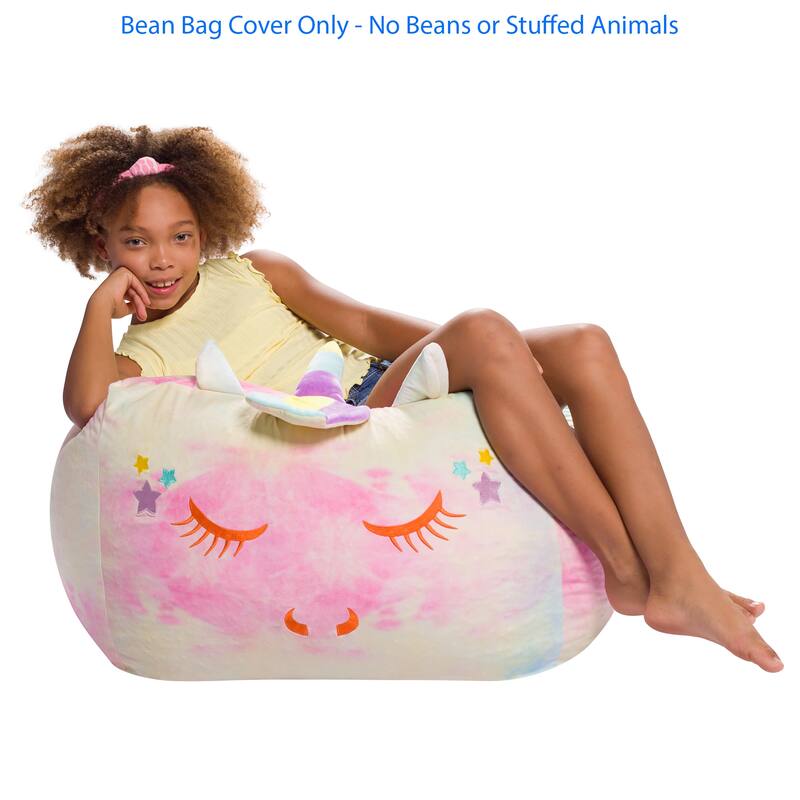 Stuffed Animal Storage Bean Bag Chair Cover only for Kids, Toy Holder - Large - 24 inch - Tie Dye Unicorn