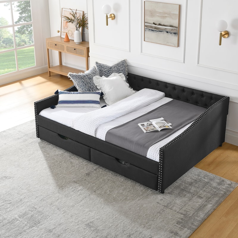 Queen Size Daybed with Drawers Upholstered Tufted Sofa Bed