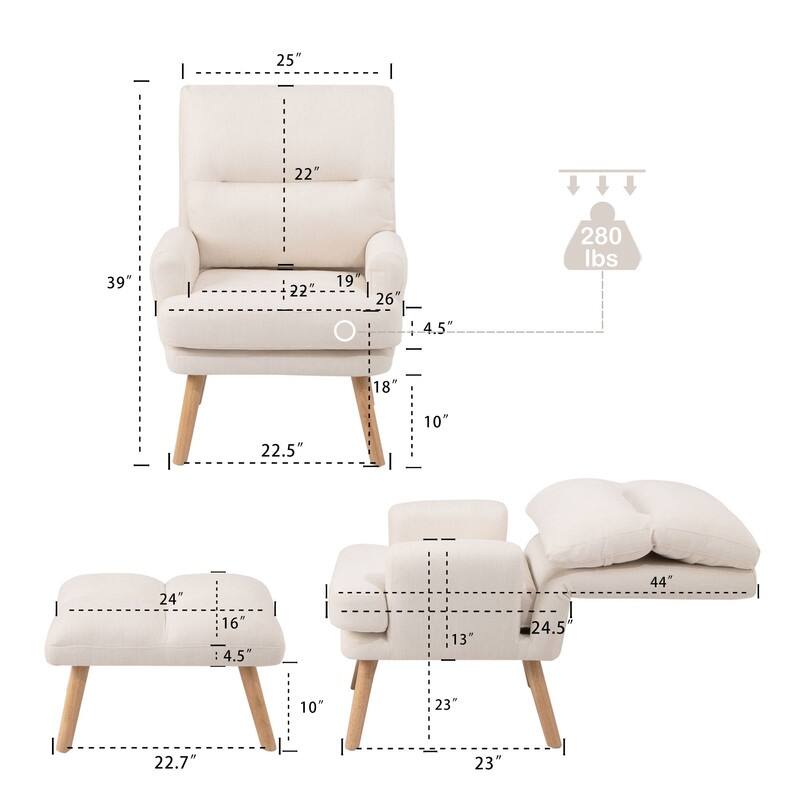 Mid Century Modern Accent Chair with Ottoman Set,Wood Legs and Adjustable Backrest