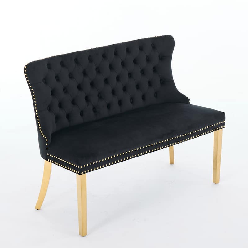 Velvet Double Dining Loveseat Bench, 2-Seat Tufted Bench w/Handmade Buttons, Wing Back, Gold-Plated Steel Legs, Single Pack