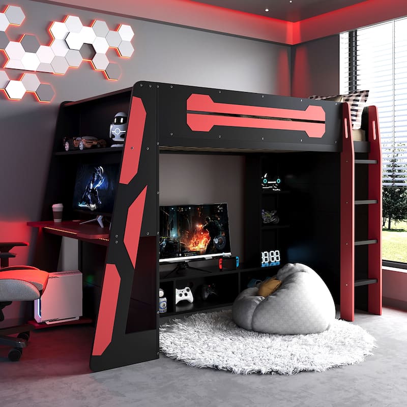 Full Size Gaming Loft Bed Esports-Inspired Bed with Desk Shelves and Charging Station for Gaming Bedroom Setup, Esports Hotels - Red - Twin