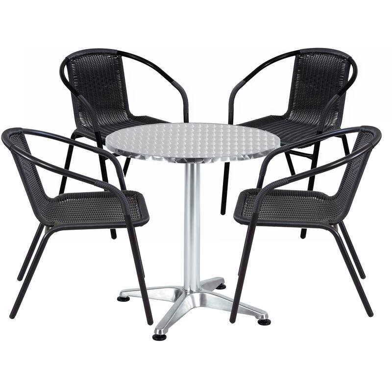 BTEXPERT Indoor Outdoor 23.75" Round Restaurant Table Steel Aluminum + 4 Black Restaurant Rattan Stack Chairs - Black